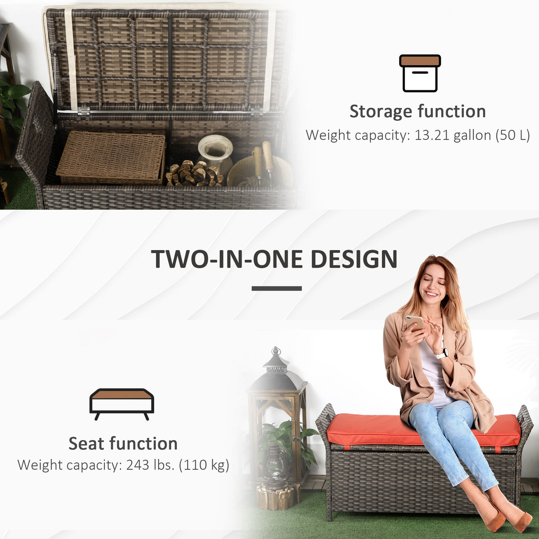 Outsunny 2-In-1 Outdoor PE Rattan Storage Bench, 29 Gallon Patio Wicker Furniture, Basket Box with Handles and Cushion Red