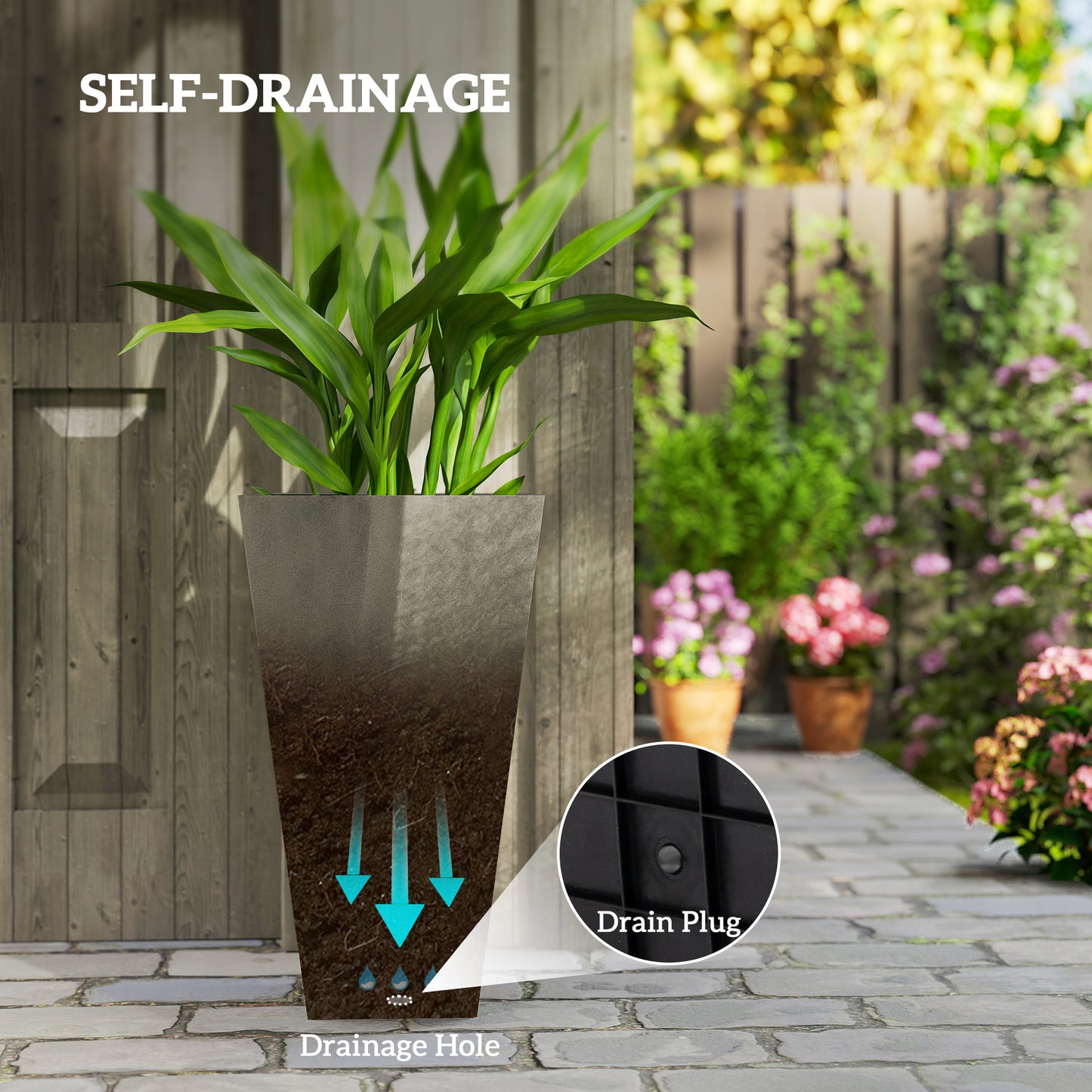 Outsunny 28" Tall Garden Plastic Planters, Outdoor and Indoor Flower Pots, Set of 3 for Entryway, Patio, Yard, Mixed Grey