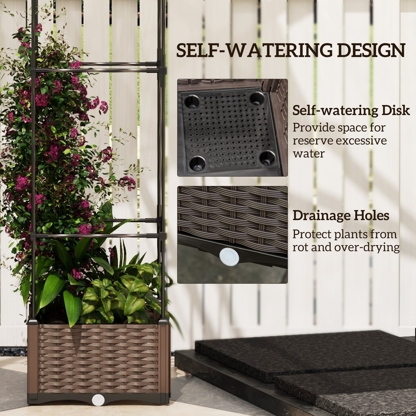 Outsunny Raised Garden Bed with Tomato Planter Cage, Plastic Planter Box with Trellis, Self-Watering Disk, Drainage Holes for Climbing Plants