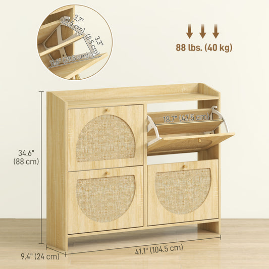HOMCOM 4 Flip-Drawer Shoe Cabinet, Shoe Storage Cabinet with Rattan Doors and Adjustable Shelves, Holds 16 Pairs, Natural