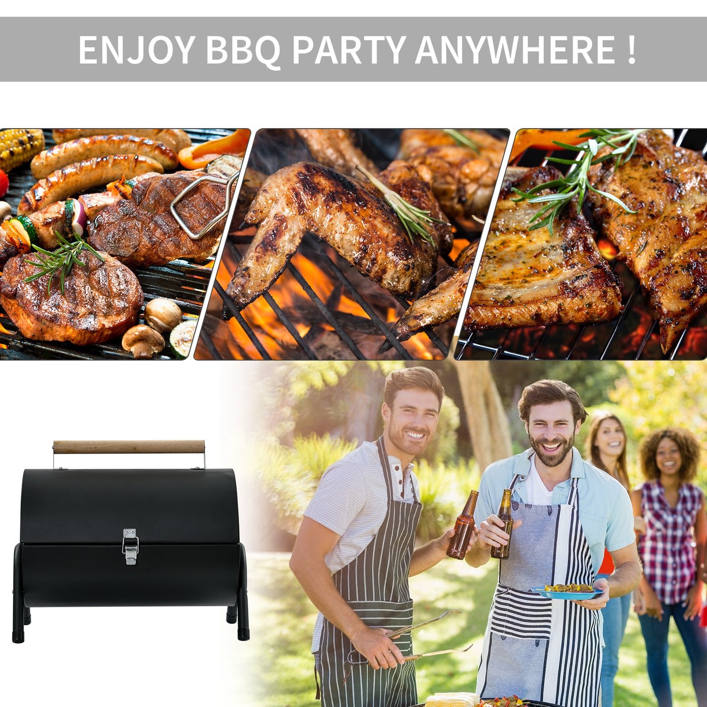 Outsunny 23" Portable Tabletop Steel Charcoal Grill Foldable Outdoor BBQ Camping Picnic Cooker Barbecue Smoker with Air Vent Black