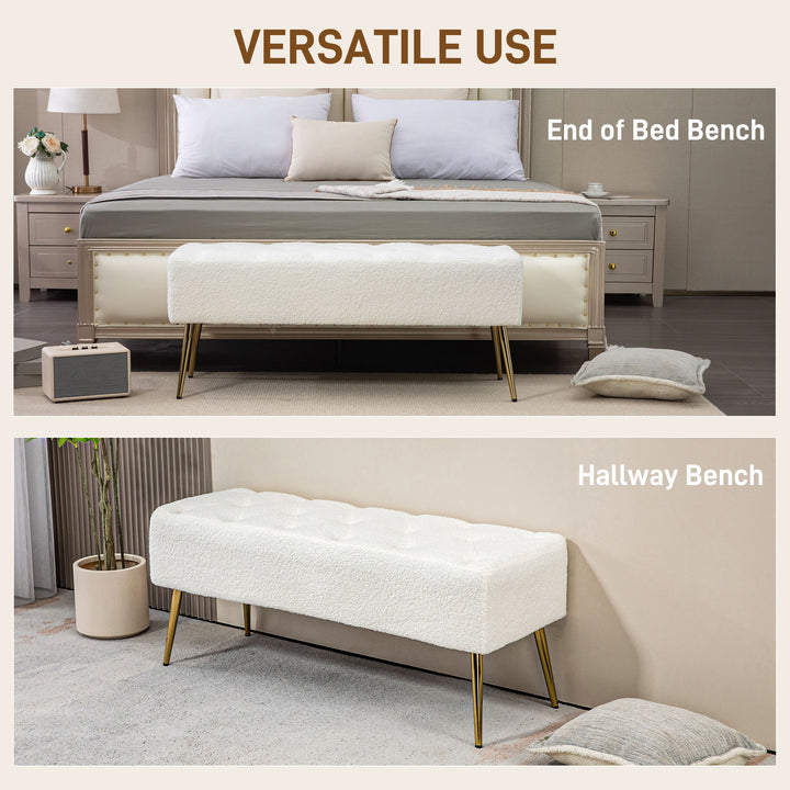 HOMCOM 44" Lamb's Wool-Feel Upholstered Bedroom Bench, End of Bed Bench with Thick Padded Cushion and Steel Legs, Cream White