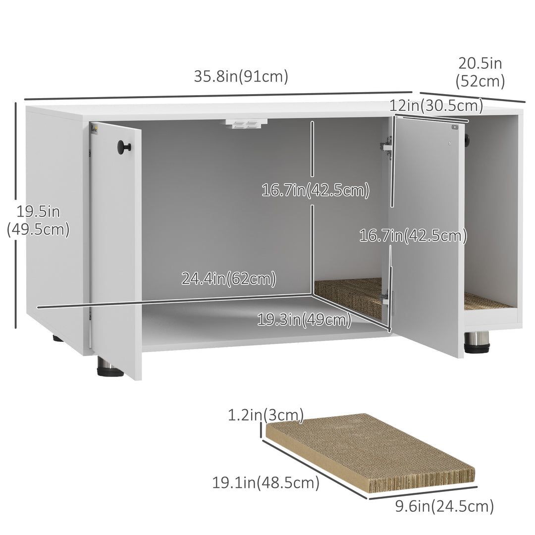 PawHut Litter Box Furniture Hidden Cat Washroom Furniture with Double Doors and Scratching Pad, Black