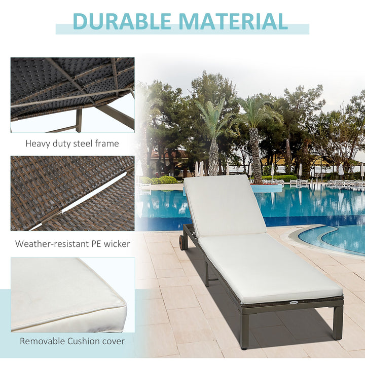 Outsunny Patio Rattan Sun Lounger with 4-Level Adjustable Backrest and Wheels, Wicker Chaise Lounge Chair with Cushion, for Patio, Deck, Poolside Cream White