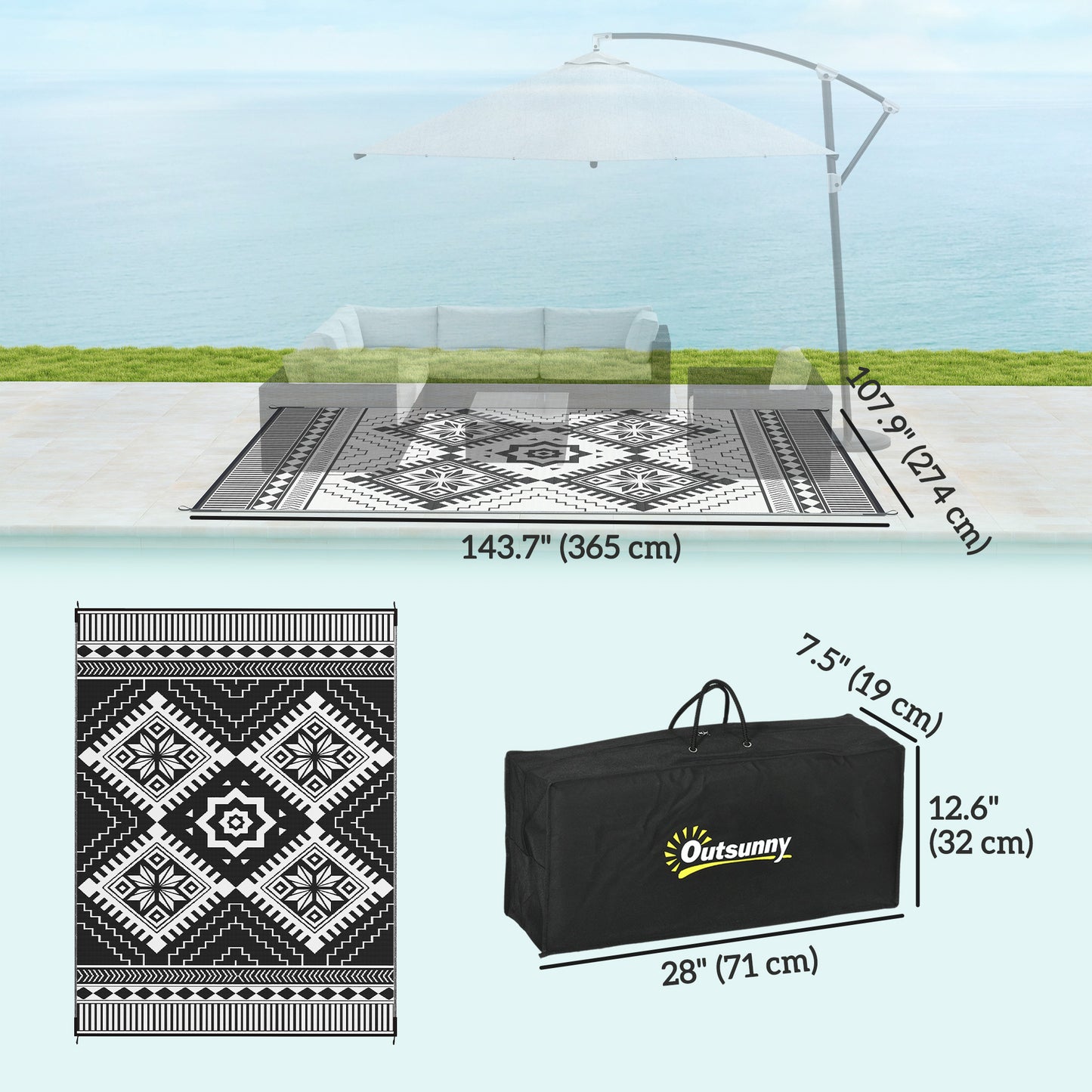 Outsunny 9' x 12' Outdoor RV Rug, Reversible Patio Floor Mat with Carry Bag, Toothed Rhombus, White and Black