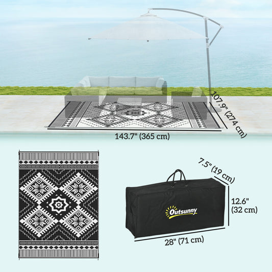 Outsunny 9' x 12' Outdoor RV Rug, Reversible Patio Floor Mat with Carry Bag, Toothed Rhombus, White and Black