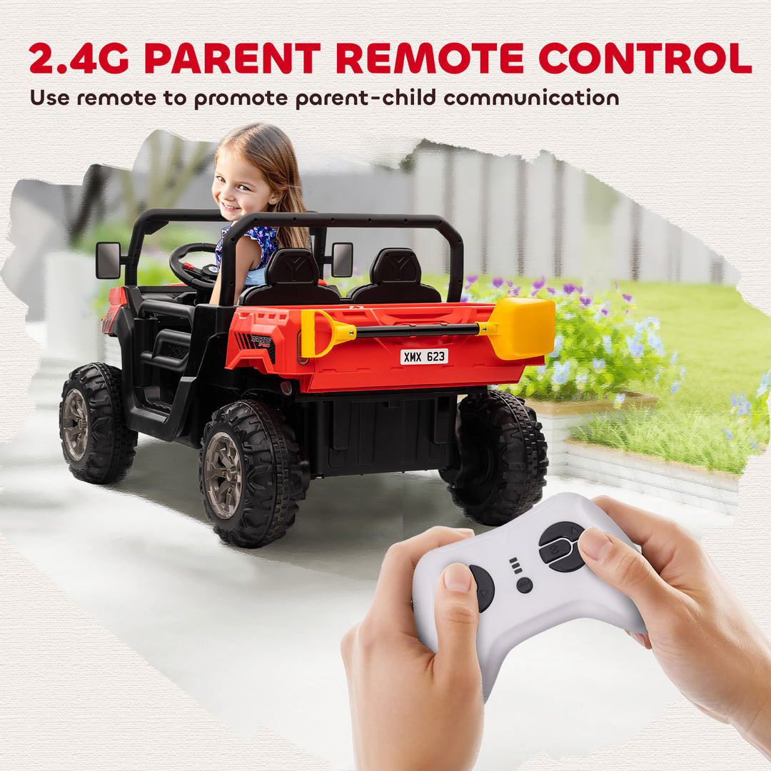 Aosom 12V Ride on Car with Electric Bucket, Two-Seater, Shovel, Remote Control, Spring Suspension, Horn, Music, Red