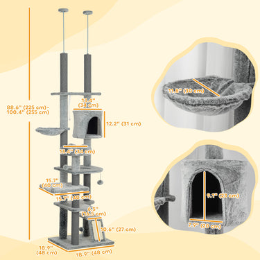 PawHut 89" -100" Adjustable Height Floor to Ceiling Cat Tree, Multi Levels Cat Climbing Tower with Scratching Posts