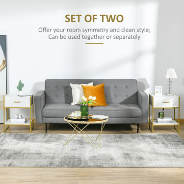 HOMCOM Nightstand Set of 2, Modern Bedside Table with Drawer and Shelf, Bedside Cabinets for Bedroom, White