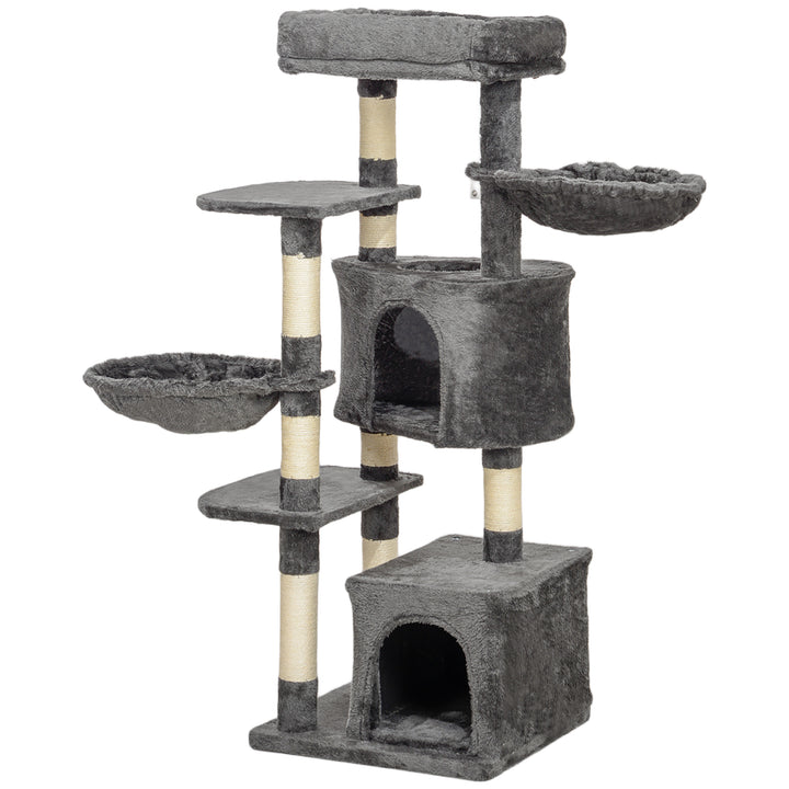 PawHut 52.5" Cat Tree Tower with Scratching Posts, Cat Condos, Bed, Platforms, Hammocks, for Indoor Cats, Dark Grey