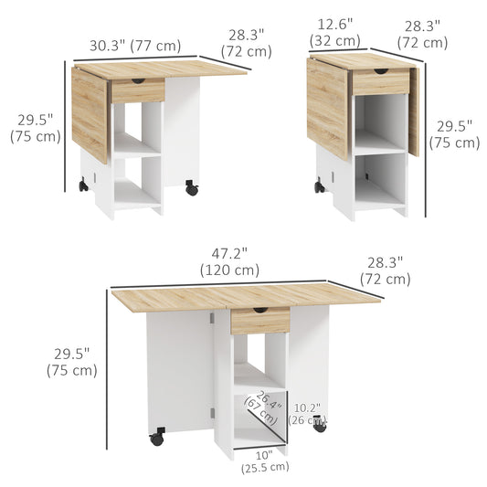 HOMCOM Folding Dining Table, Space Saving Drop Leaf Table with Drawer and Storage Shelves for Kitchen, Dining Room, Oak