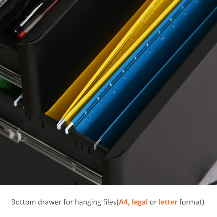 Vinsetto Metal Filing Cabinet 3 Drawer, Mobile Office Cabinet with Wheels for Legal, Letter, A4 File, Black