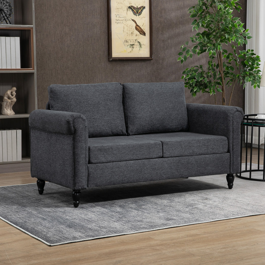 HOMCOM Vintage Loveseat, Upholstered Love Seat Furniture, Chenille-feel Fabric 2 Seater Sofa Couch with Rolled Arms, Gourd-Shaped Rubber Wood Legs for Living Room, Dark Grey