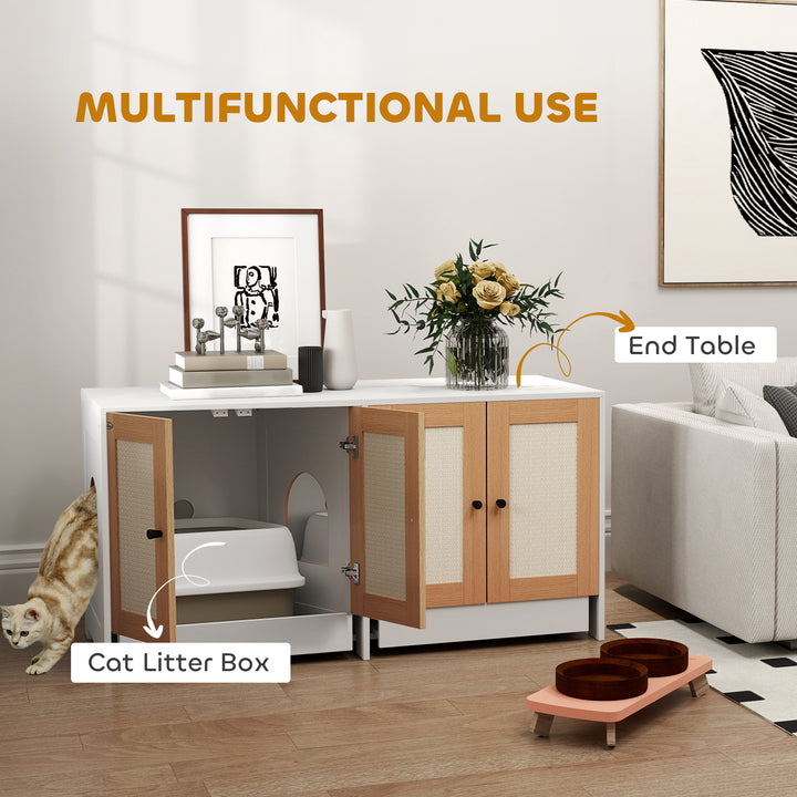 PawHut Cat Litter Box Enclosure w/ 2 Cabinets, Scratching Mats, Pull-Out Trays, Hidden Litter Box for 2 Cats, White