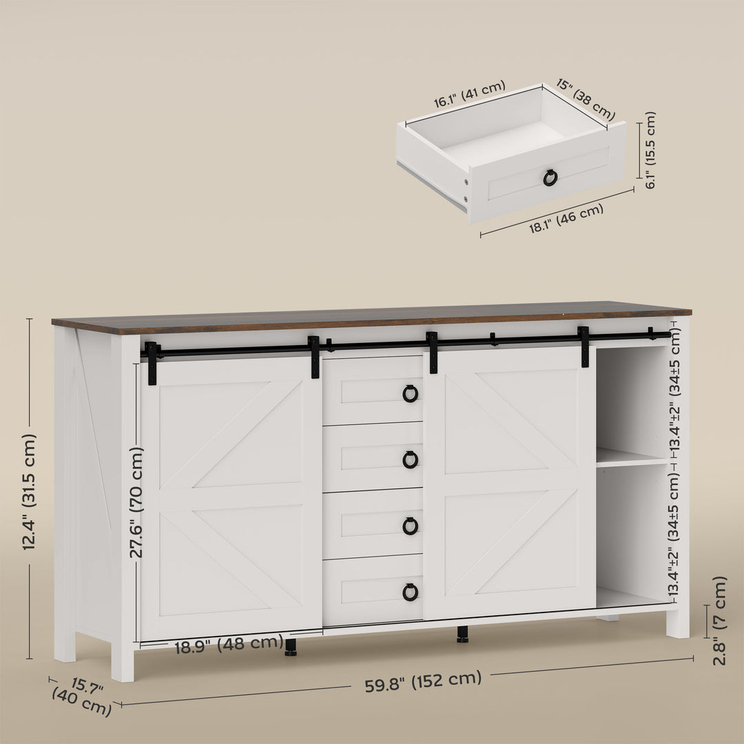 HOMCOM 60" Buffet Cabinet, Farmhouse Sideboard with Sliding Barn Doors, Drawers and Adjustable Shelves, Cream White