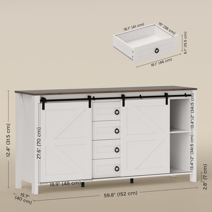 HOMCOM 60" Buffet Cabinet, Farmhouse Sideboard with Sliding Barn Doors, Drawers and Adjustable Shelves, Cream White