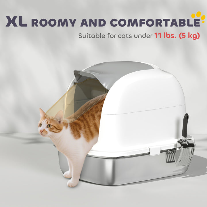 PawHut Large Stainless Steel Cat Litter Box with Lid, Enclosed Cat Litter Box with Flip Cover, Scoop