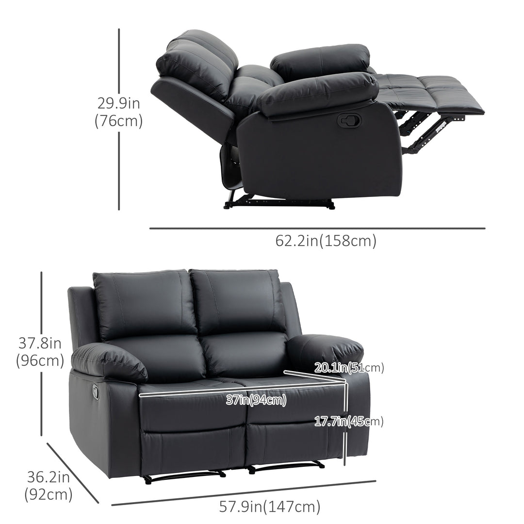 HOMCOM Double Reclining Loveseat, PU Leather Manual Recliner Sofa Chair with Pullback Control Footrest for Living Room, Black