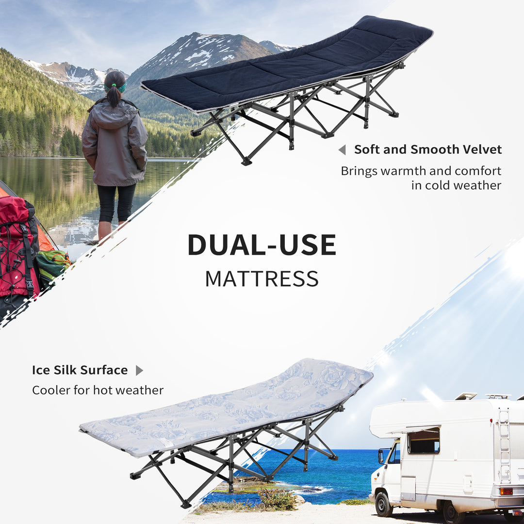 Outsunny Folding Camping Cot with Mattress & Pillow, Double Layer Oxford Heavy Duty Sleeping Cot with Carry Bag Light Grey