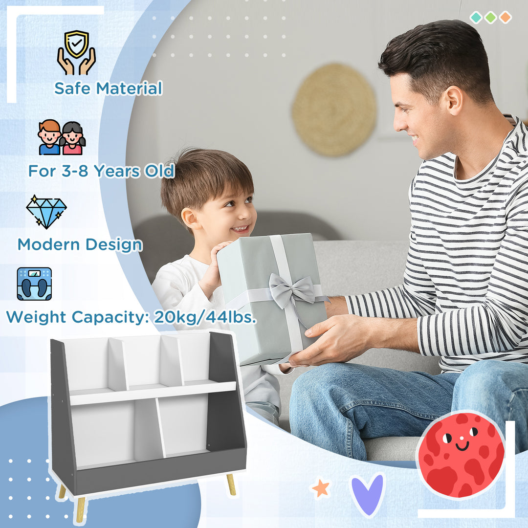 Qaba 2 Tier Kids Toy Storage Organizer with 5 Compartments, Anti-tip Device, for Nursery, Playroom, Grey