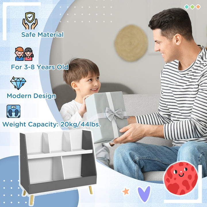 Qaba 2 Tier Kids Toy Storage Organizer with 5 Compartments, Anti-tip Device, for Nursery, Playroom, Grey