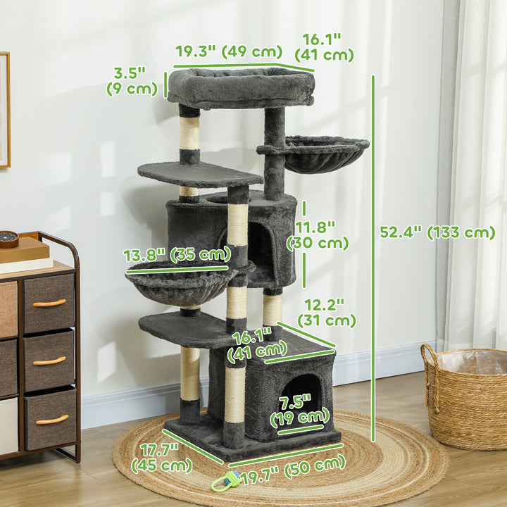 PawHut 52.5" Cat Tree Tower with Scratching Posts, Cat Condos, Bed, Platforms, Hammocks, for Indoor Cats, Dark Grey