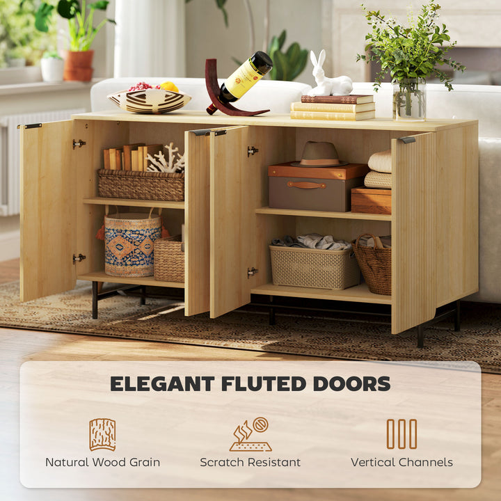 HOMCOM 55" Modern Sideboard, Fluted Buffet Cabinet with Adjustable Shelves, 5 Metal Legs for Kitchen, Living Room, Nature Wood