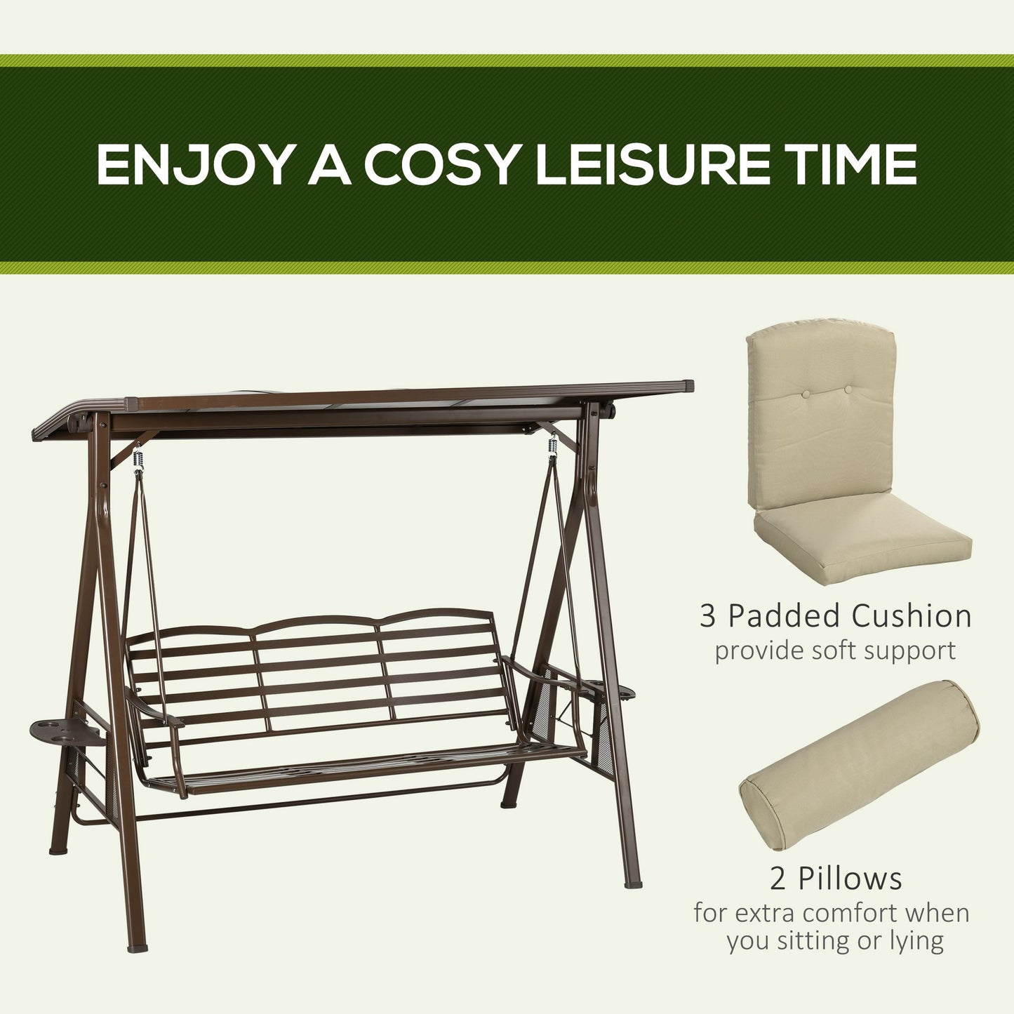 Outsunny 3-Seat Patio Swing Chair, Outdoor Canopy Swing Glider with Cushion, Pillows and Adjustable Polycarbonate Canopy for Porch, Garden, Poolside, Backyard, Khaki
