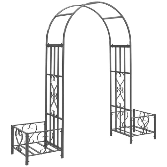 Outsunny 7FT Metal Garden Arch with 2 Planter Boxes, Decorative Outdoor Walkway Arbor for Climbing Vine Plants for Patio Backyard Lawn Party Ceremony, Dark Grey