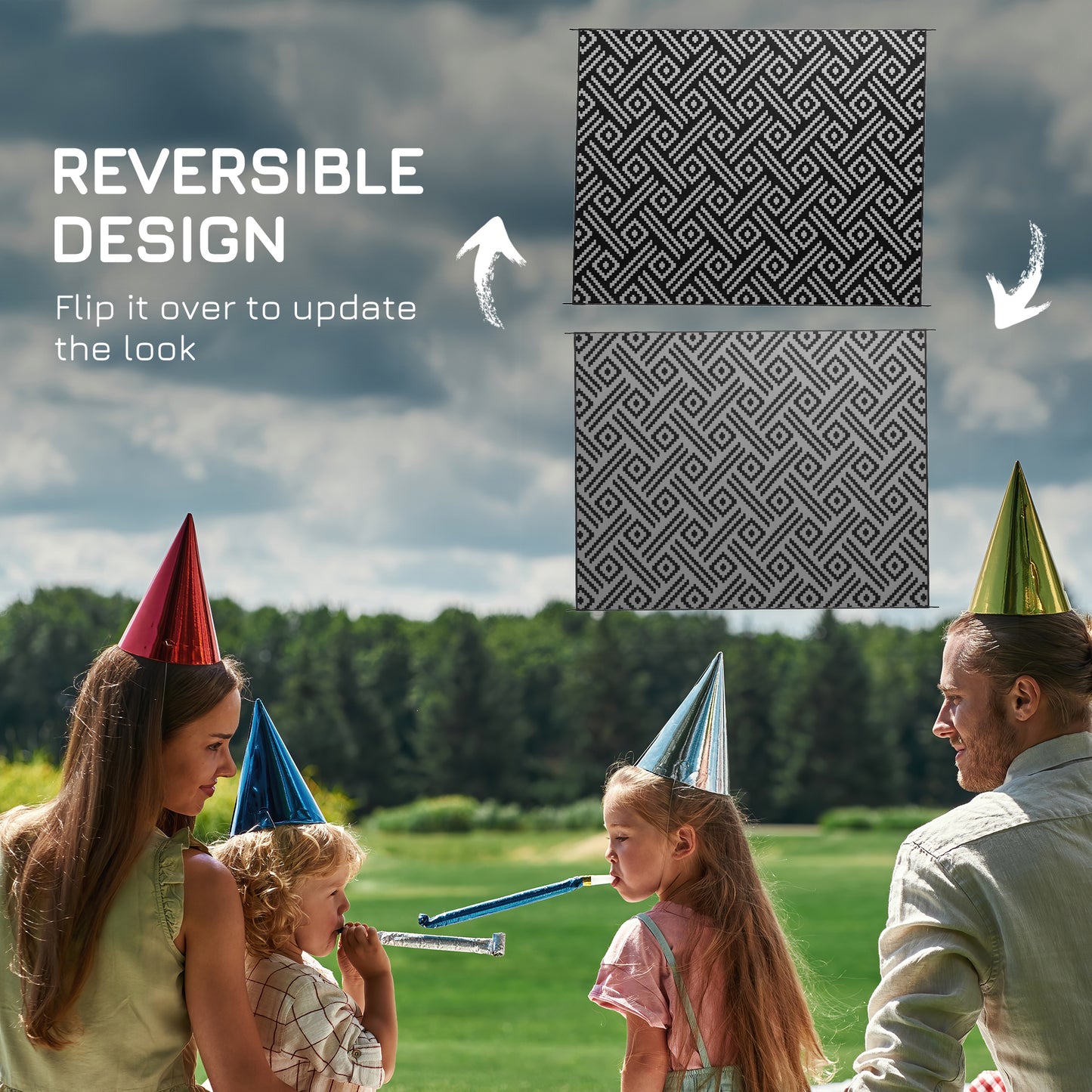 Outsunny Reversible Outdoor Rug Waterproof Plastic Straw RV Rug with Carry Bag, 9' x 12', Black and Grey Geometric
