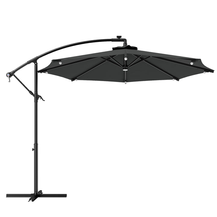 Outsunny 8.8FT Cantilever Patio Umbrella with Solar Powered LED Lights, Crank Handle, Cross Base for Outdoor Sun Shade, Grey