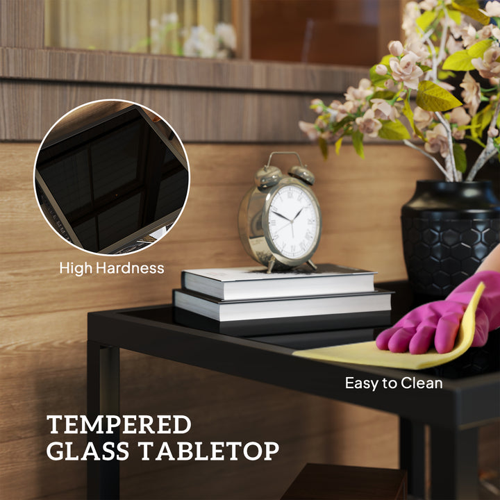 Outsunny 23.6" Rattan End Table, Outdoor Coffee Table with Tempered Glass Top, Storage Shelf for Patio, Garden, Balcony, Black