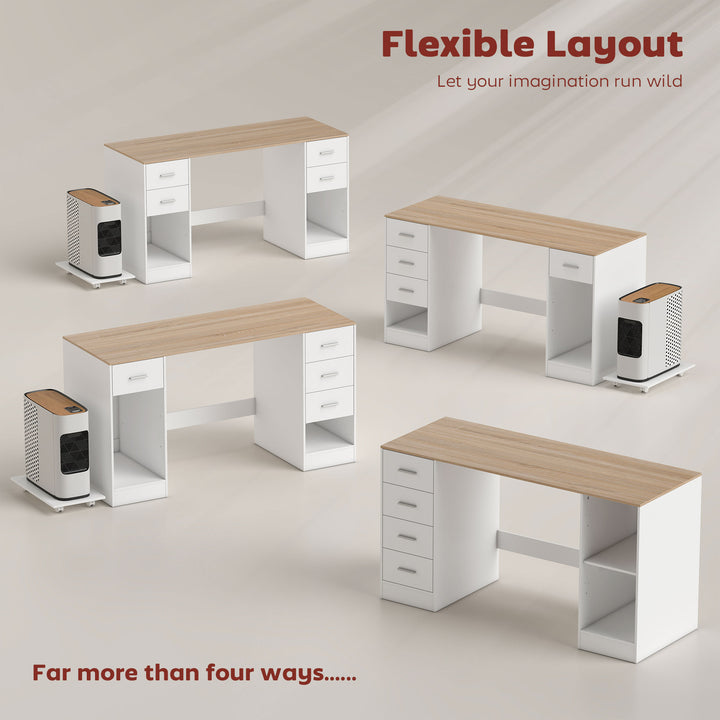 HOMCOM Office Desk, 55" Computer Desk with 4 Reversible Drawers, Mobile PC Stand, Adjustable Shelf, Black Wood Grain