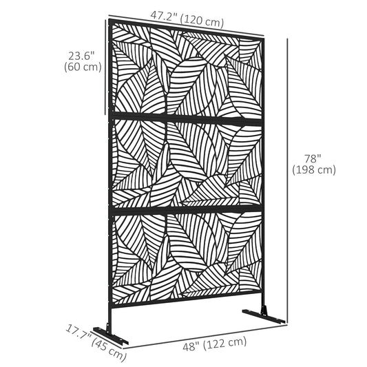 Outsunny 6.5FT Decorative Outdoor Divider, Metal Privacy Screen with Stand, Large Leaf Style, Black