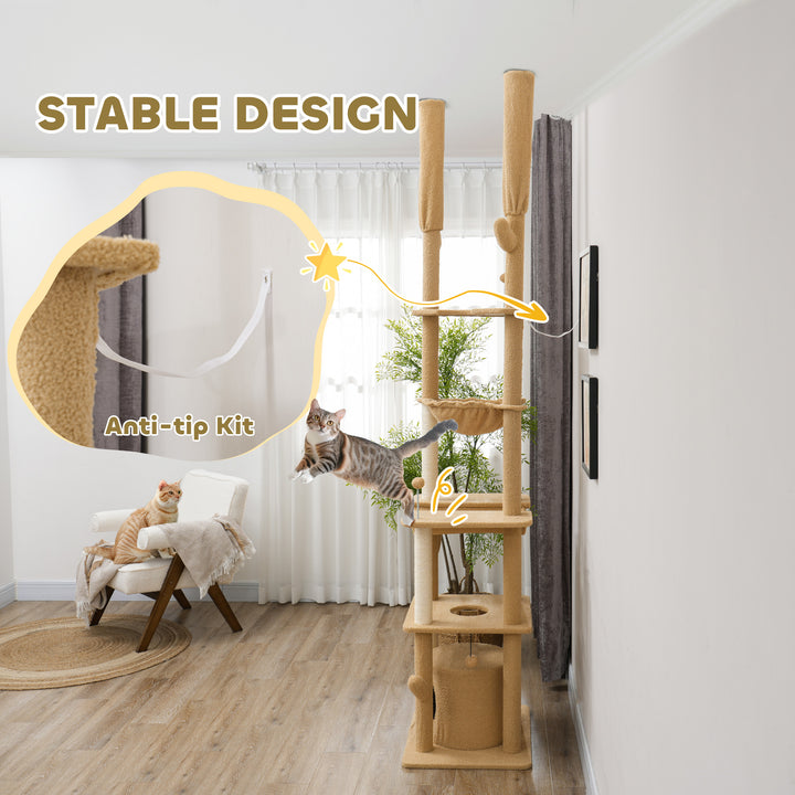 PawHut 89"-100" Floor to Ceiling Cat Tree Cat Tower for Large Cats w/ Scratching Posts, Grooming Brush Post, Cat Condo, Green