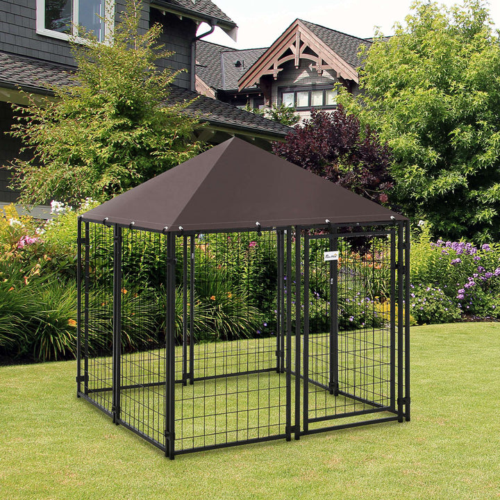 PawHut Outdoor Dog Kennel, Welded Wire Steel Fence, Lockable Pet Playpen Crate, with Water-, UV-Resistant Canopy Top, Door, 4.6ft x 4.6ft x 5ft, Black