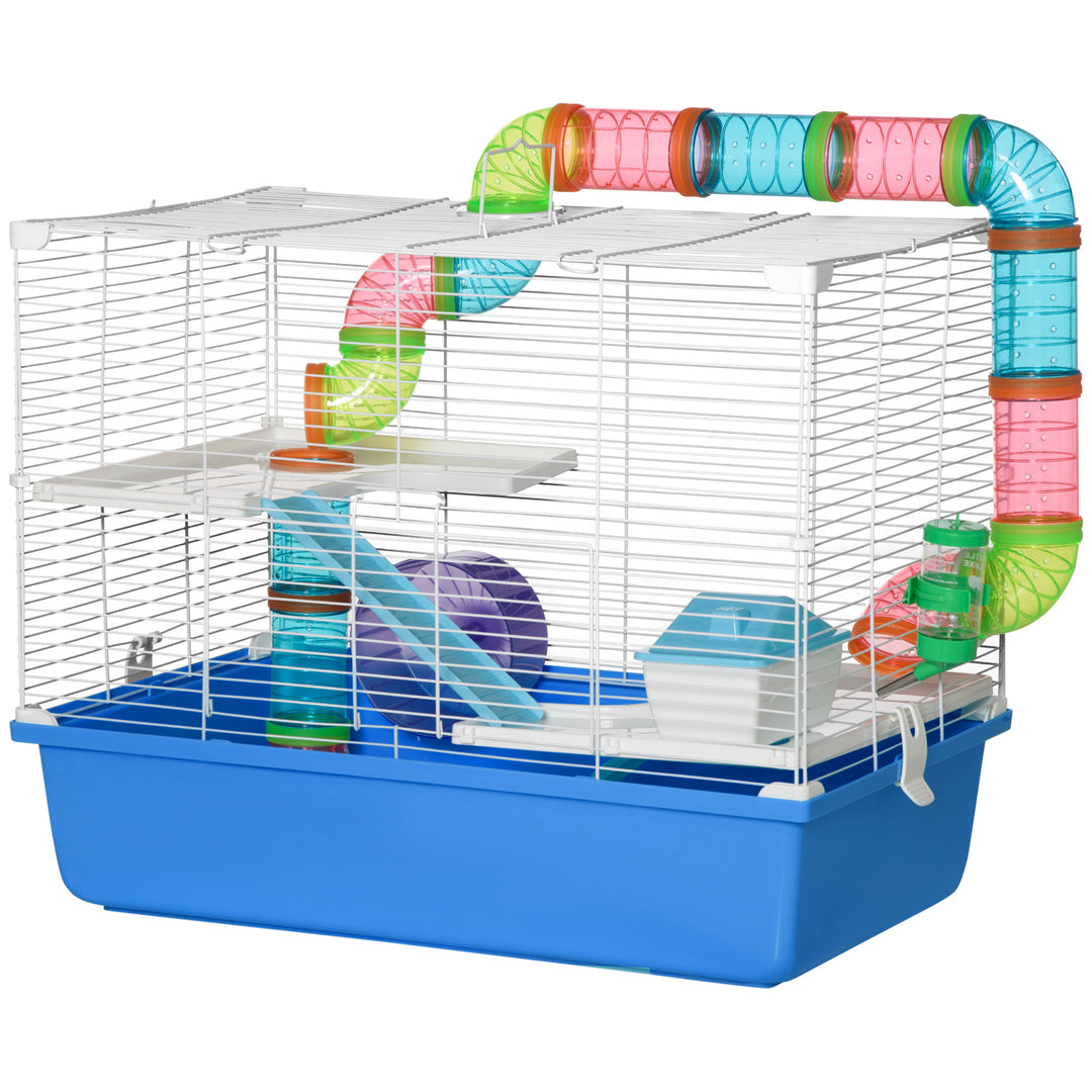PawHut 3-Tier Large Toy-Filled Steel Small Animal Cage, Includes Exercise Wheel, Water Bottle, Food Dish, Blue
