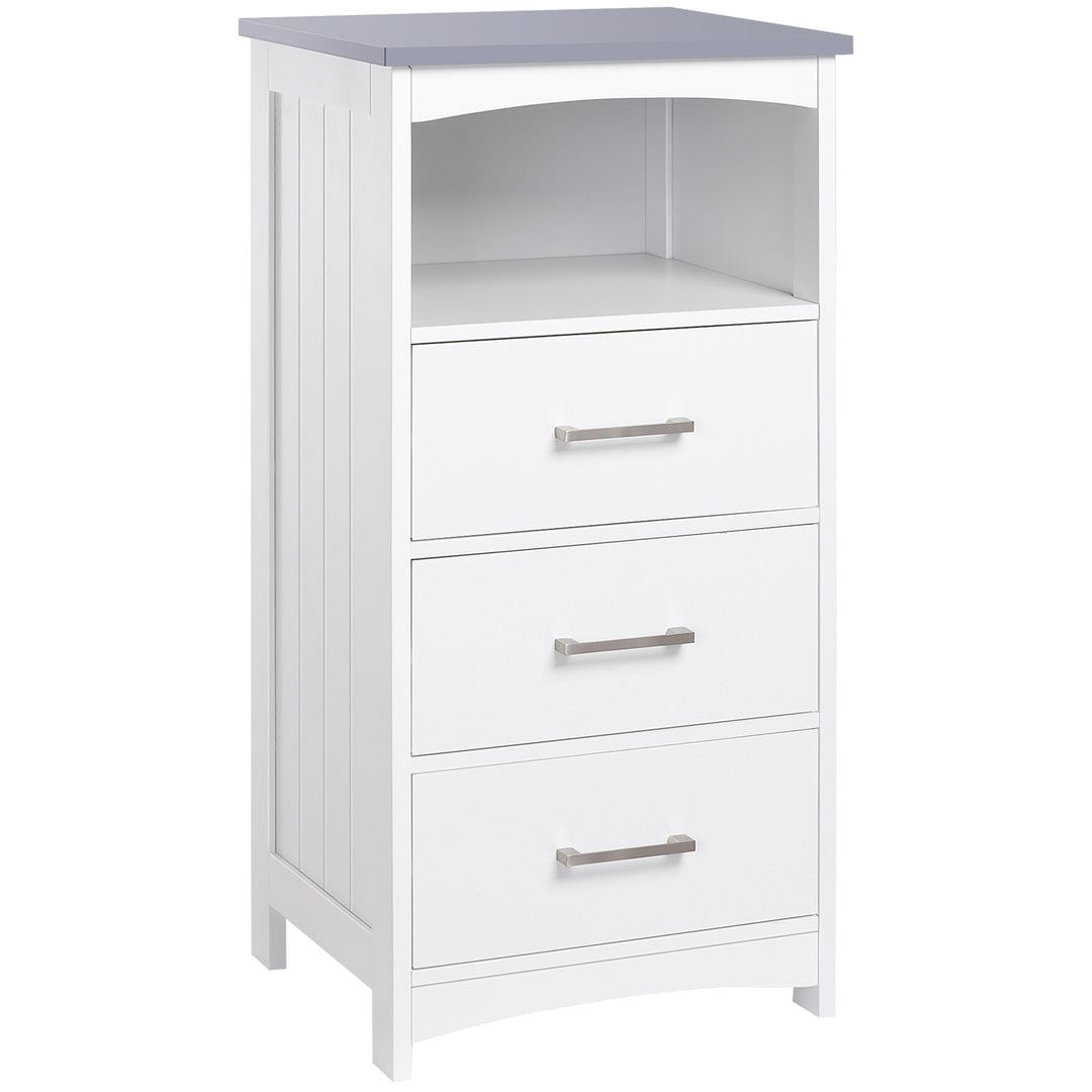 kleankin Small Bathroom Storage Cabinet, Floor Cabinet with 3 Drawers and Open Component, Narrow Bathroom Cabinet, White
