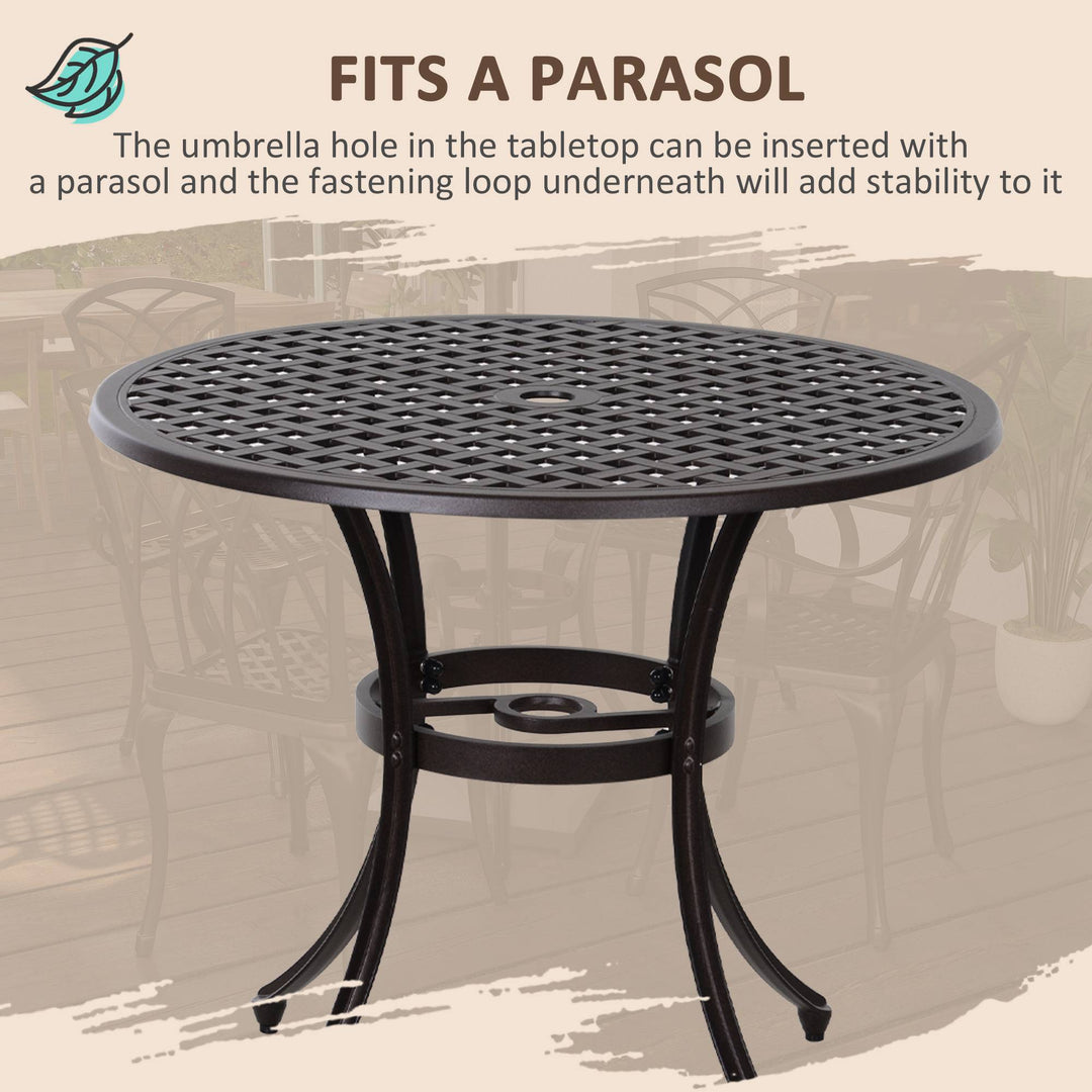 Outsunny 5 Pieces Outdoor Dining Set, Cast Aluminium Patio Table and Chairs with Parasol Hole, Patio Dining Set for 4, Brown