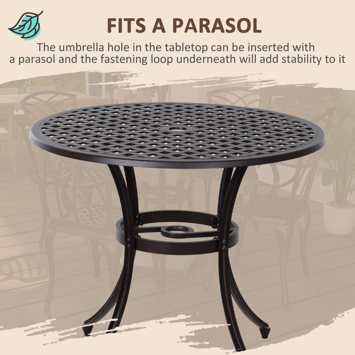 Outsunny 5 Pieces Outdoor Dining Set, Cast Aluminium Patio Table and Chairs with Parasol Hole, Patio Dining Set for 4, Brown