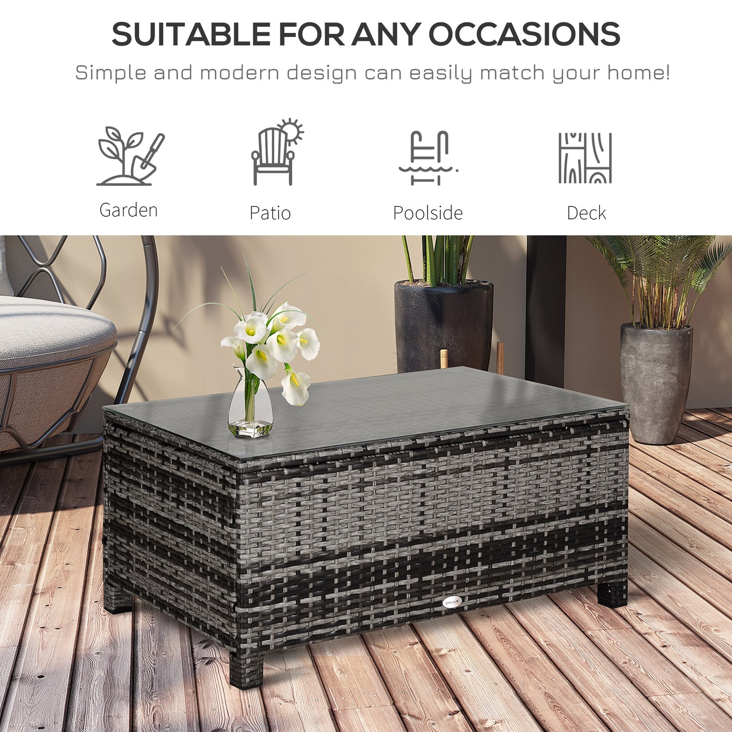 Outsunny Outdoor PE Rattan Wicker Table, Patio Garden Side Table w/Glass Top for Patio, Balcony, Mixed Grey