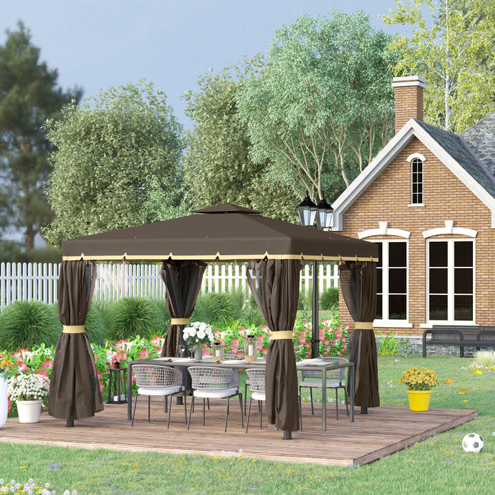 Outsunny 10' x 10' 2-Tier Outdoor Gazebo Canopy Tent with Zippered Mesh Sidewalls, Aluminum Frame for Patio, Backyard, Beige
