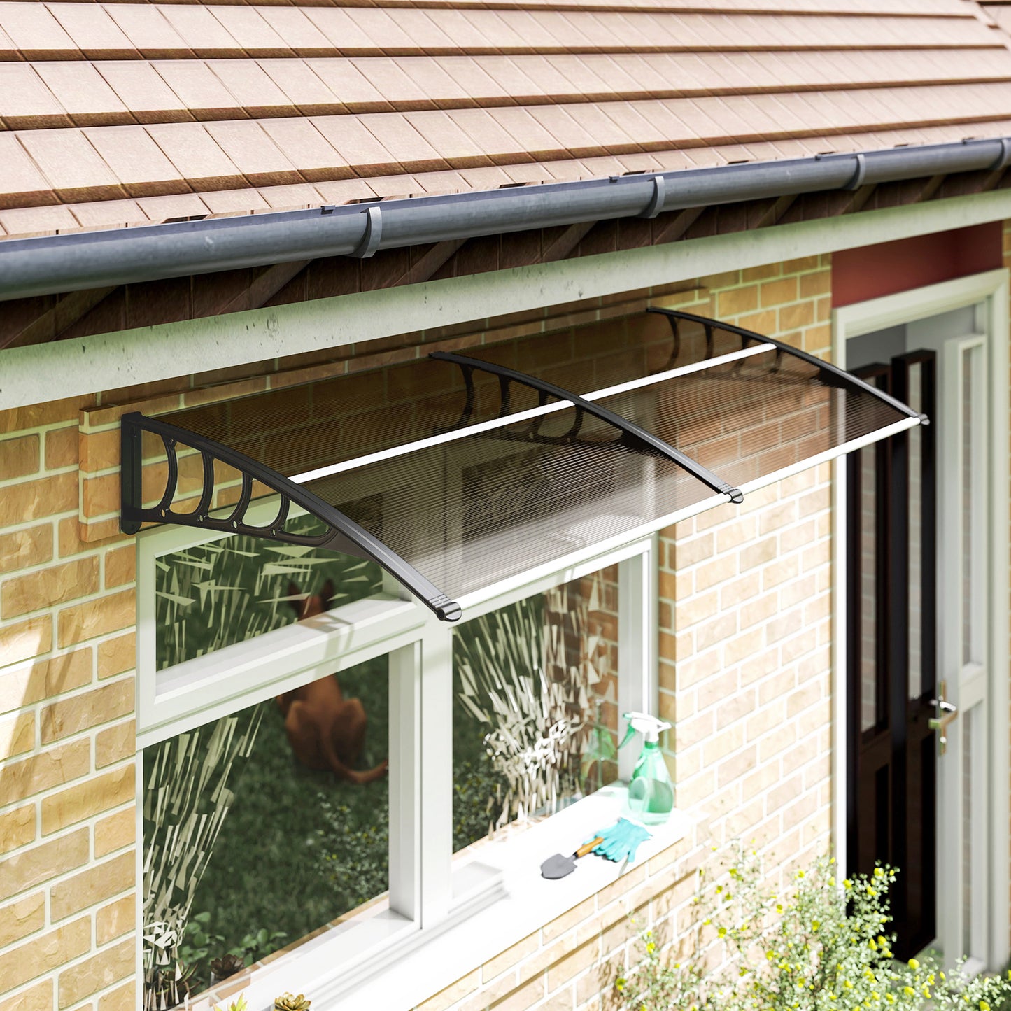 Outsunny Window Awning Door Canopy, Polycarbonate Front Door Outdoor Patio Cover, Sun Shelter, Hollow Sheet for UV, Rain, Snow and Sunlight Protection, Brown, 40" x 80"