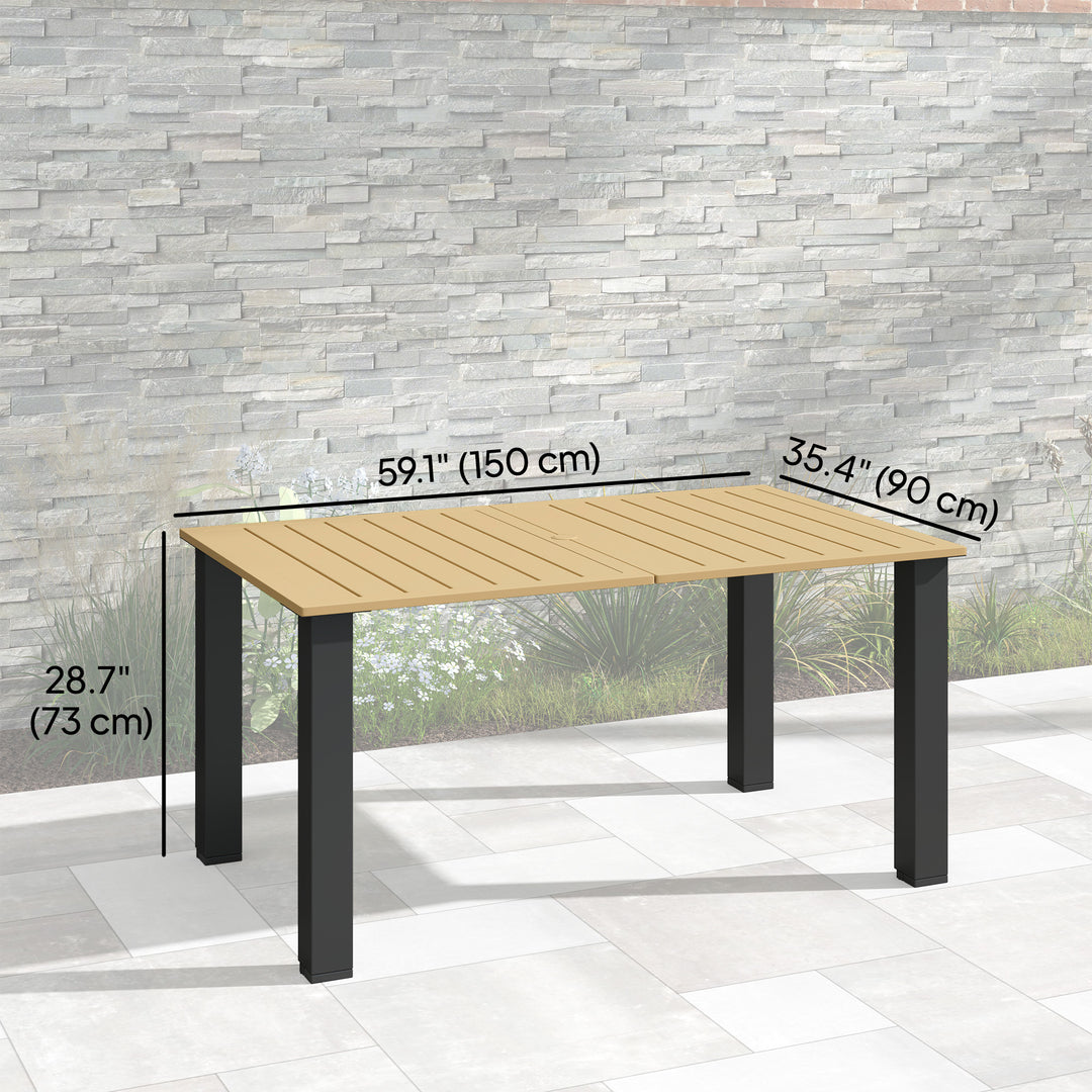 Outsunny 59" Outdoor Patio Table with Umbrella Hole, Outdoor Dining Table with Slatted Tabletop for Backyard Garden, Brown