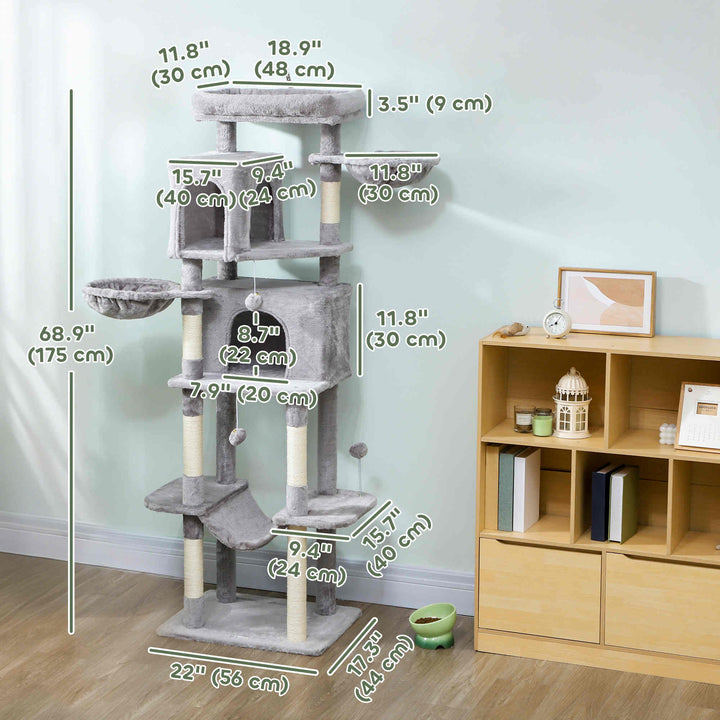 PawHut 69" Cat Tree, Multi-Level Cat Tower with 2 Condos, Plush Perch and Sisal Scratching Posts, Dark Grey