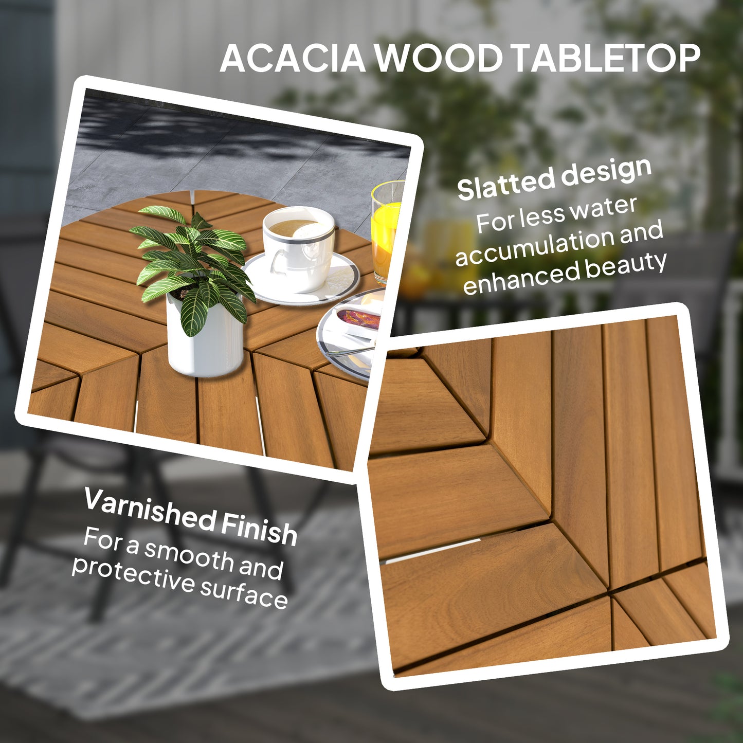 Outsunny 35.4" Outdoor Dining Table with Slatted Acacia Wood Leaf Tabletop, Patio Table with Steel Legs for Garden, Yard, Teak