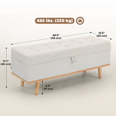 HOMCOM Storage Ottoman Bench, Foot Rest with Lift-Up Lid and Wood Legs, Linen Storage Chest for Living Room, Cream White