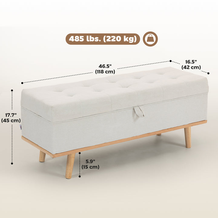 HOMCOM Storage Ottoman Bench, Foot Rest with Lift-Up Lid and Wood Legs, Linen Storage Chest for Living Room, Cream White