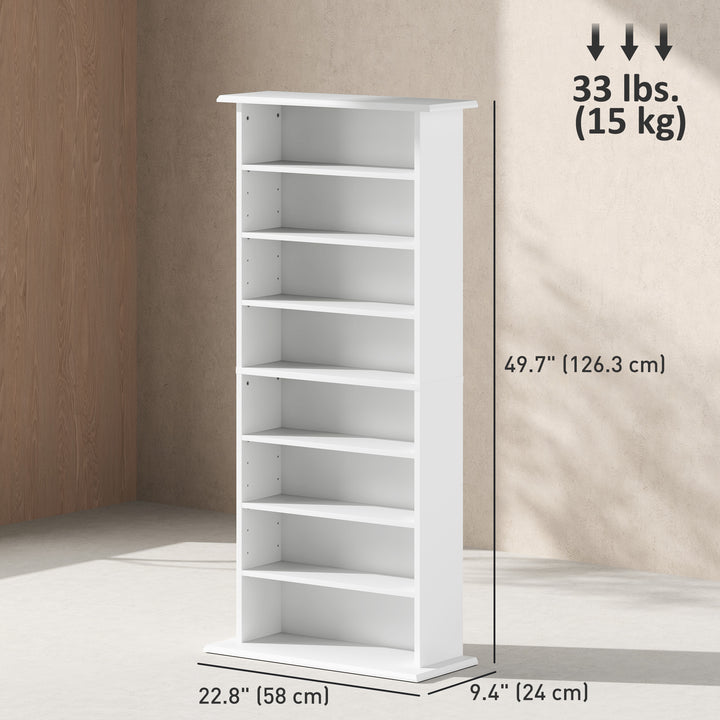 HOMCOM 8-Tier DVD Shelf with 6 Adjustable Shelves, Slim CD Shelf, Holds 360 CDs, 185 DVDs or 185 Blu-rays, White