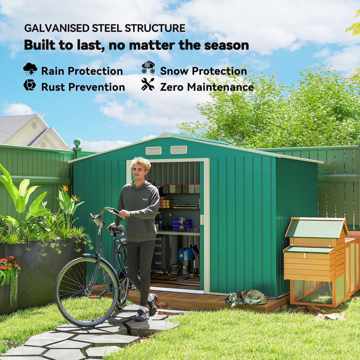 Outsunny 9.1'x6.4'x6.3' Garden Storage Shed w/ Floor Foundation Metal Tool Storage House w/ Double Doors Dark Grey Yellow